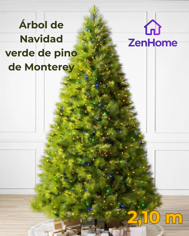 2,10m - Árbol de Navidad verde de pino de Monterey con ramas largas, soporte de metal y micro LED de colores integrados
