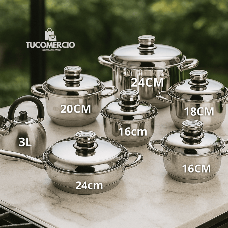 Juego de 6 ollas+ tetera SWISSHOME en Acero Inoxidable Grado Quirurgico